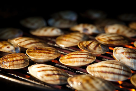 close-up of clams shell patterns under grill light, created with generative aiの素材