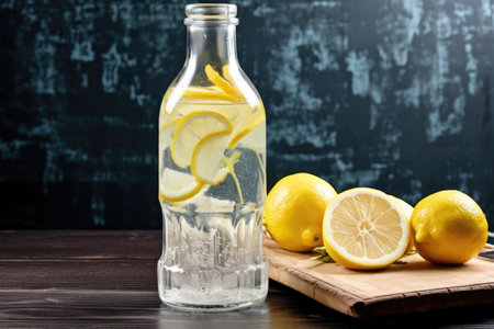 a bottle of club soda positioned with fresh lemons, created with generative aiの素材
