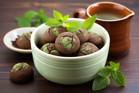 mint-chocolate cookies arranged in a ceramic bowl on a stool, created with generative aiの素材