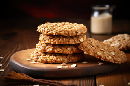 stack of oatmeal cookies on a wooden table, created with generative aiの素材