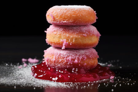 a stack of sugar dusted donuts, one cut to reveal jelly, created with generative aiの素材
