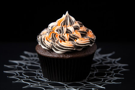 a single halloween-themed spiderweb cupcake on a black backdrop, created with generative aiの素材