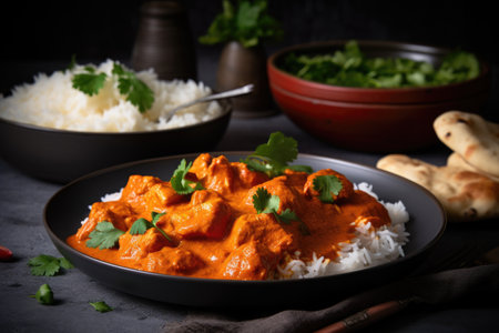 indian butter chicken curry dished out on a plate with rice, created with generative aiの素材