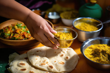 hand kneading portions of naan bread, curry in the backdrop, created with generative aiの素材