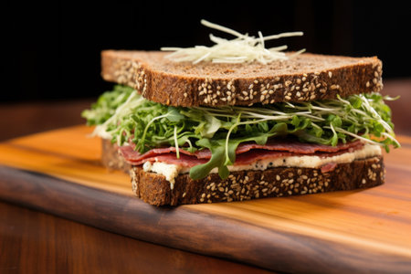 irrigation shot of a corned beef sandwich on rye bread, created with generative aiの素材