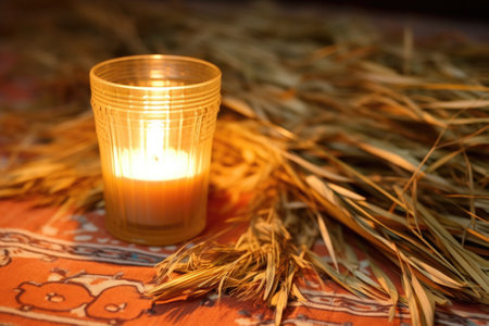 close-up of a lit kinara on a straw mat, created with generative aiの素材