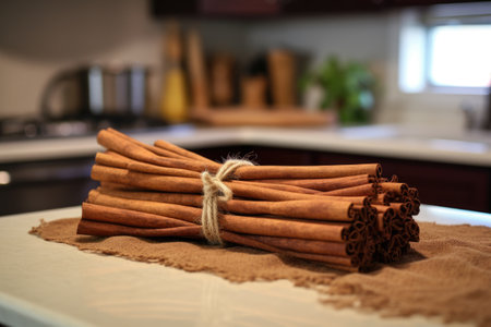 burlap-tied cinnamon sticks on a kitchen countertop, created with generative aiの素材