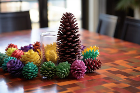 painted pine cones centerpiece on a dining table, created with generative aiの素材