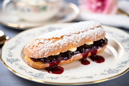 blueberry jam-filled eclair dusted with icing sugar on a saucer, created with generative aiの素材