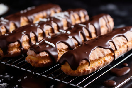 close-up of eclairs with a sprinkle of cocoa powder, created with generative aiの素材