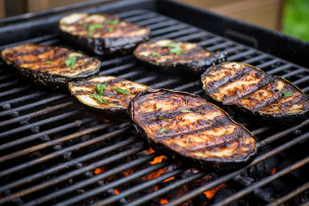 blackened eggplants on a grill grate, created with generative aiの素材