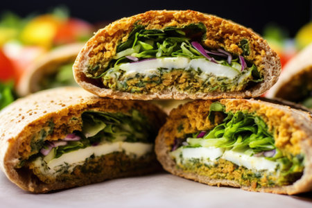 close-up on falafel balls inside a sandwich, created with generative aiの素材