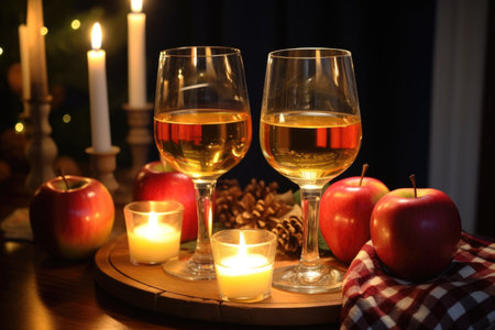 lighted candles near a wine glass filled with cider, created with generative aiの素材