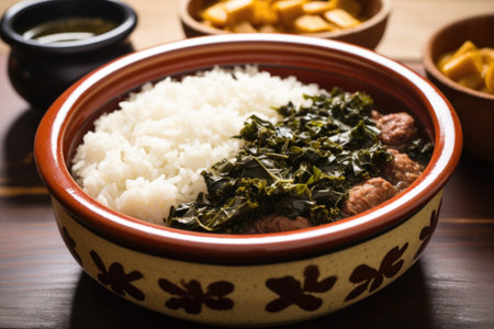 white rice alongside feijoada in a ceramic bowl, created with generative aiの素材