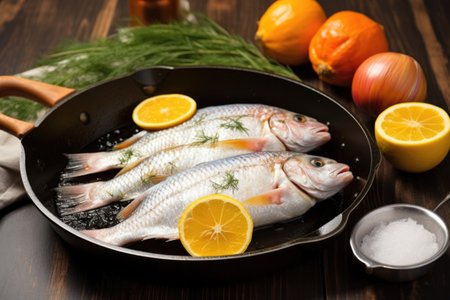 freshly basted fish in frying pan, flanked by oranges, created with generative aiの素材