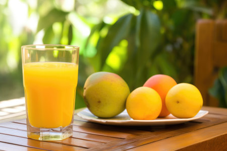 a glass of mango juice with pulp on a sunny table, created with generative aiの素材