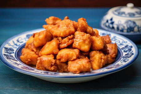 pile of fried chicken bites on a round blue ceramic plate, created with generative aiの素材