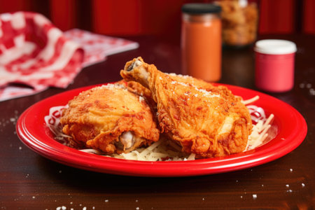 fried chicken laid out over a red plate with white dots, created with generative aiの素材