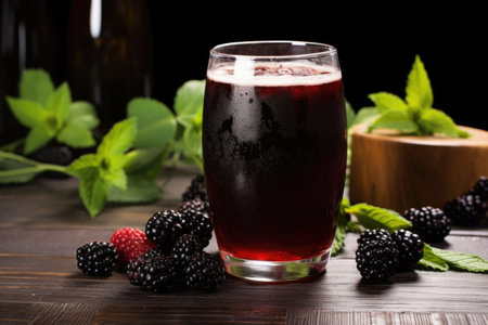 a blackberry ale with fresh blackberries around the glass, created with generative aiの素材