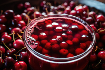close-up of cherries floating in a cherry ale, created with generative aiの素材