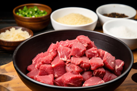 raw steak tips in a bowl with freshly minced garlic, created with generative aiの素材