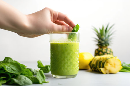 hand dropping a piece of pineapple into a green smoothie, created with generative aiの素材