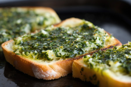 close-up shot of herb particles on buttery grilled bread, created with generative aiの素材