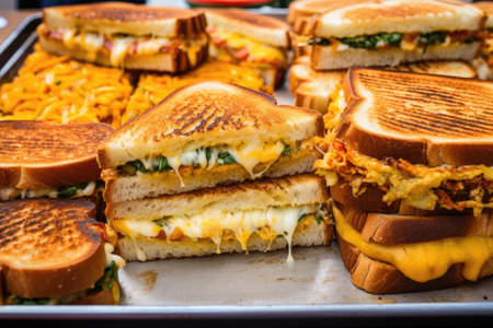 multiple varieties of grilled cheese sandwiches on a tray, created with generative aiの素材