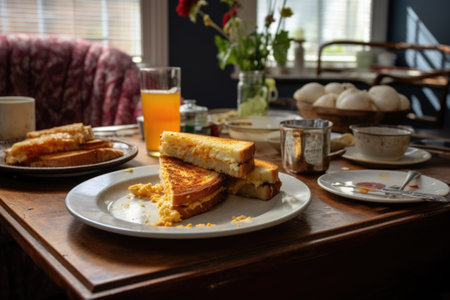 leftover grilled cheese sandwich on a dining table, created with generative aiの素材