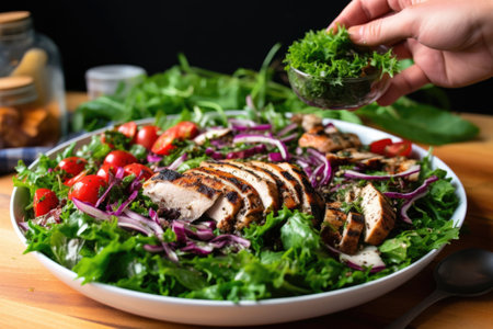 hand placing a sprig of parsley onto a grilled chicken salad, created with generative aiの素材