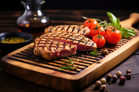 grilled tuna steak on wooden chopping board, created with generative aiの素材