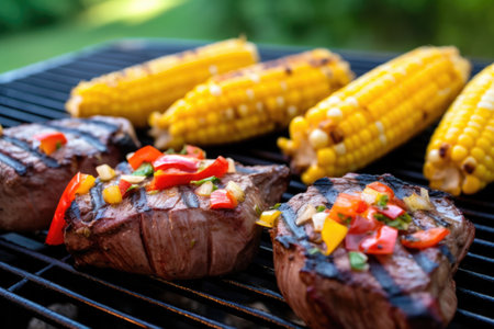 steak on grill with corn cobs and bell peppers, created with generative aiの素材