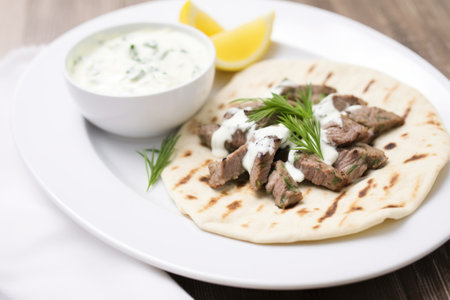 gyro served on a white plate with tzatziki sauce, created with generative aiの素材