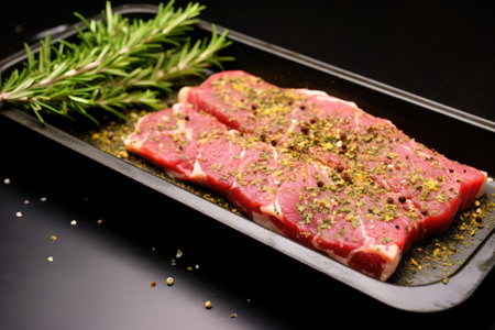 herb rub on raw steak, placed in a black tray, created with generative aiの素材
