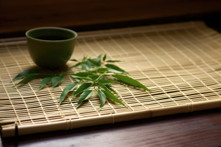 freshly harvested tea leaves on a bamboo mat, created with generative aiの素材