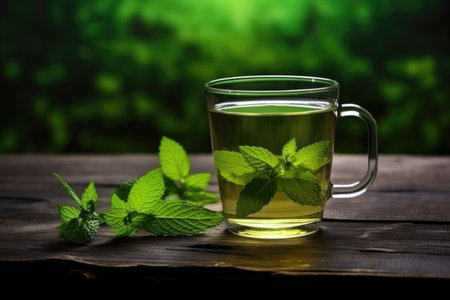 hot cup of peppermint tea with fresh mint leaves on a wooden table, created with generative aiの素材