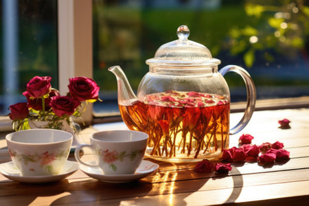 transparent teapot filled with rosebud tea on a sunlight garden table, created with generative aiの素材