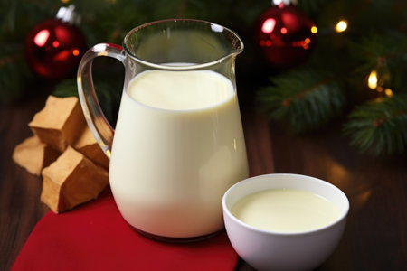 eggnog in a kettle next to christmas decorations, created with generative aiの素材