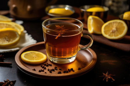 cloves stud on a lemon slice dipping in a hot toddy, created with generative aiの素材