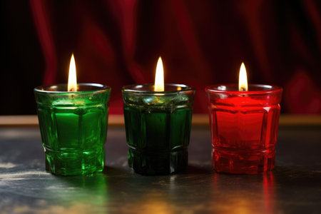 three red, three green, and one black candle in a kinara, all lit, created with generative aiの素材