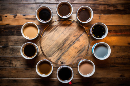 circle of hot coffee cups on a wooden round table, created with generative aiの素材