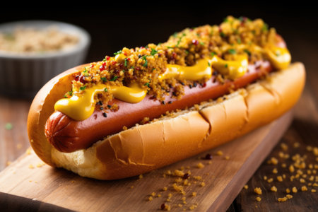 close-up of a hot dog in a bun garnished with mustard, created with generative aiの素材