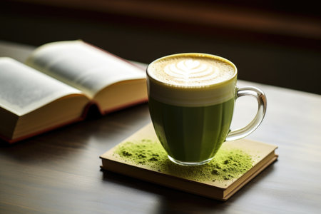 a hot matcha latte beside an open book on a table, created with generative aiの素材