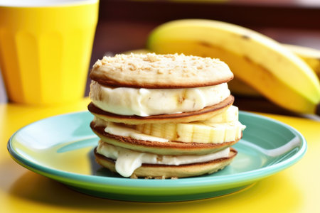 banana ice cream sandwich on a yellow plate with banana slices, created with generative aiの素材