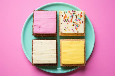 a trio of fruit-flavored ice cream sandwiches on colorful square plates, created with generative aiの素材