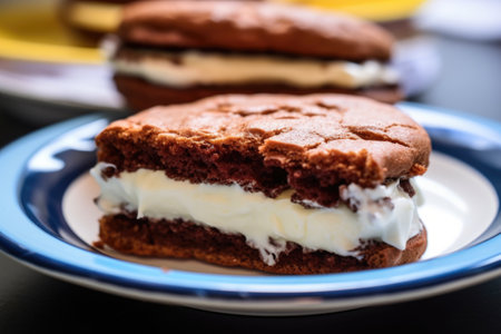 close-up of a bitten vanilla ice cream sandwich on a ceramic plate, created with generative aiの素材