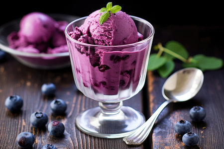 blueberry ice cream in a clear glass with a spoon, created with generative aiの素材