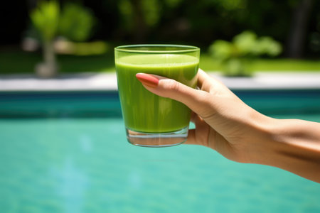 hand holding a glass of iced matcha tea, with a pool in the background, created with generative aiの素材
