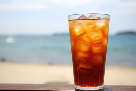 condensation on an iced tea glass with a beach background, created with generative aiの素材