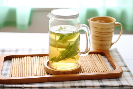 iced tea in a clear glass jug with a bamboo mat underneath, created with generative aiの素材